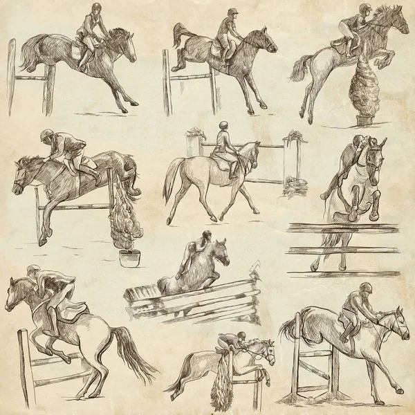 Los caballos - el salto de la demostración. Colección, paquete de bocetos a mano alzada. Li. — Foto de Stock