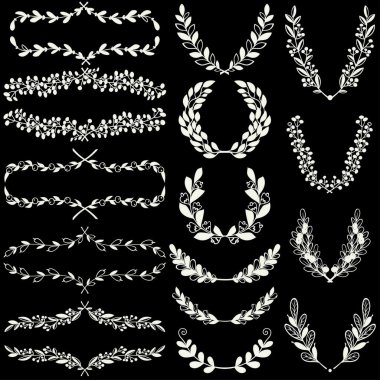 Handdrawn defne ve çelenk ve çiçek köşeli ayraç kümesi.