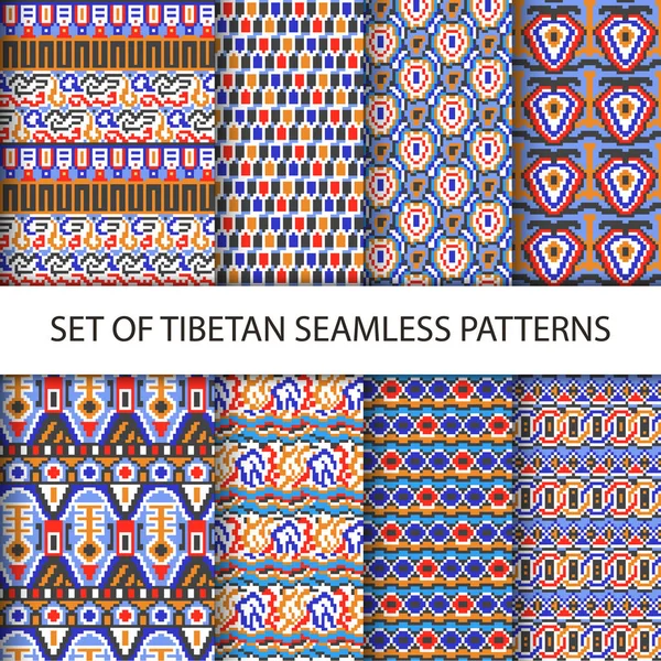 チベット民族飾りとベクトル ピクセル シームレス パターンのコレクション — ストックベクタ