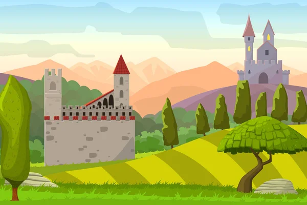 Castelos em colinas paisagem medieval, ilustração de desenho animado vetorial — Vetor de Stock