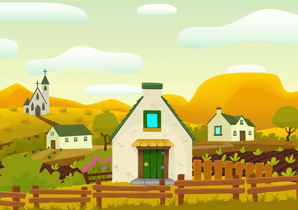 Paisaje de pueblo de primavera horizontal, ilustración de dibujos animados vectoriales — Vector de stock