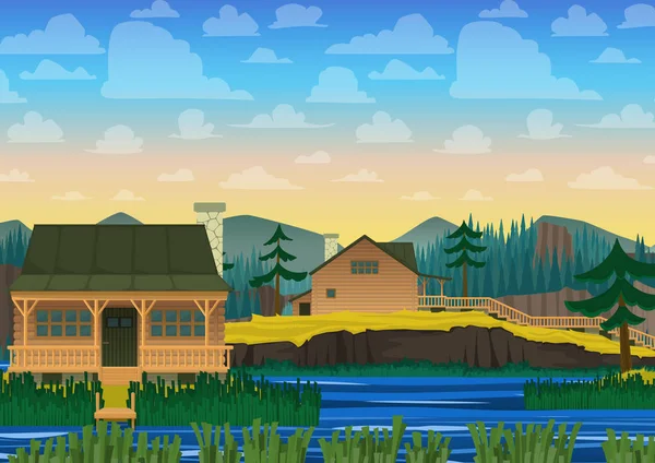 Paisaje de casa en río. Ilustración vectorial en estilo de dibujos animados . — Vector de stock