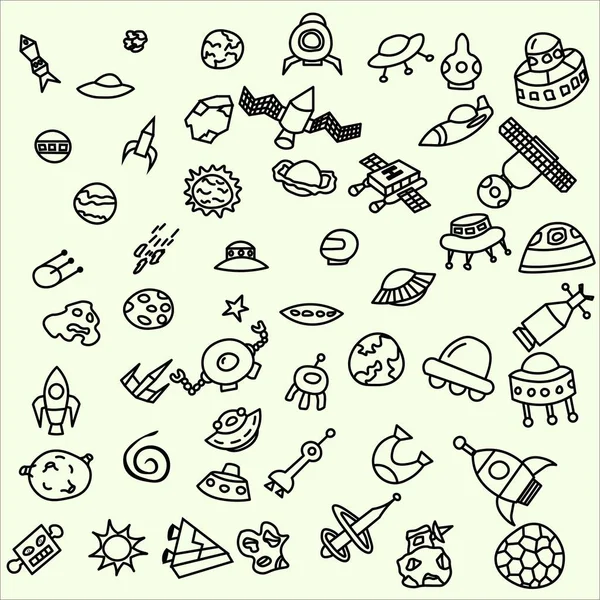 Coleção de doodles cósmicos, ufo, meteoritos, salsichas, alienígenas . — Vetor de Stock