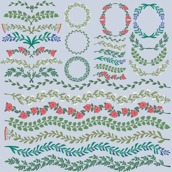 Set di vettoriali colorate decorazioni floreali. Tutti i pennelli inclusi . — Vettoriale Stock