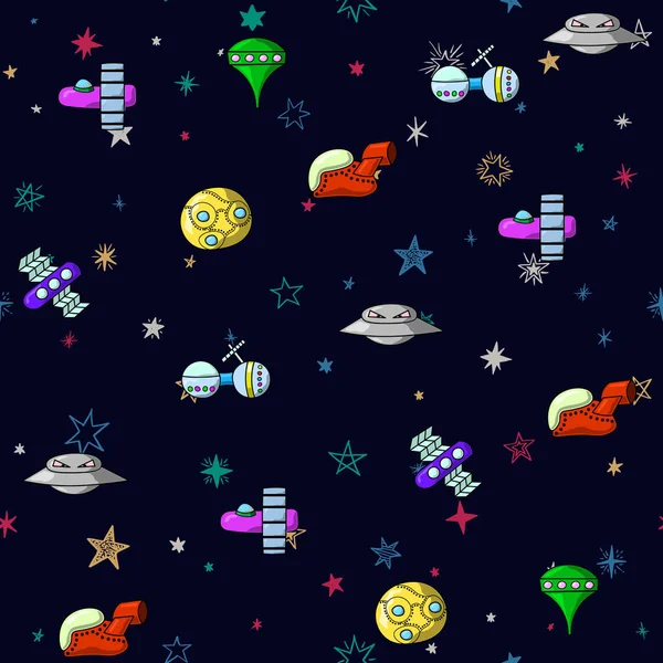 Padrão Espaço Sem Costura Com Foguetes Estrelas Ilustração Estilo Infantil —  Vetores de Stock