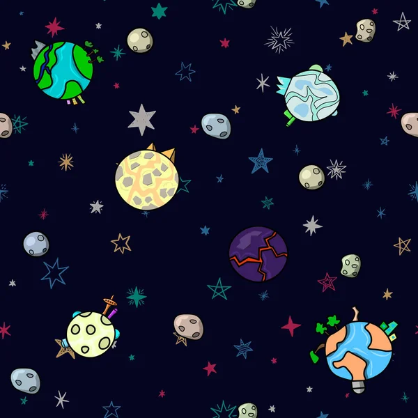 Padrão Espacial Sem Costura Com Planetas Estrelas Ilustração Estilo Infantil — Vetor de Stock