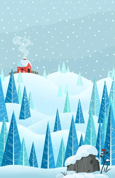 Invierno Nieve Vertical Bosque Paisaje Con Casa Colina — Vector de stock