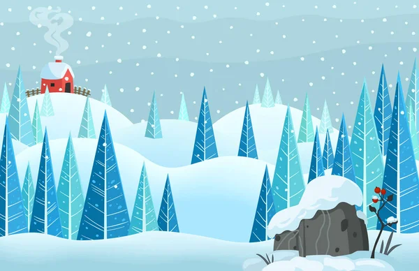 Invierno Nieve Horisontal Bosque Paisaje Con Casa Colina — Vector de stock