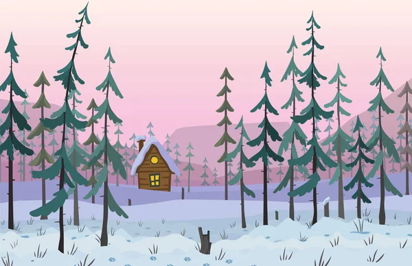 Invierno Nieve Horisontal Bosque Paisaje Con Casa — Vector de stock