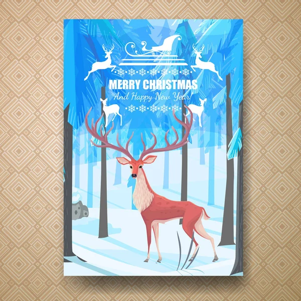 Plantilla de folleto de Navidad con ciervos en el bosque — Vector de stock