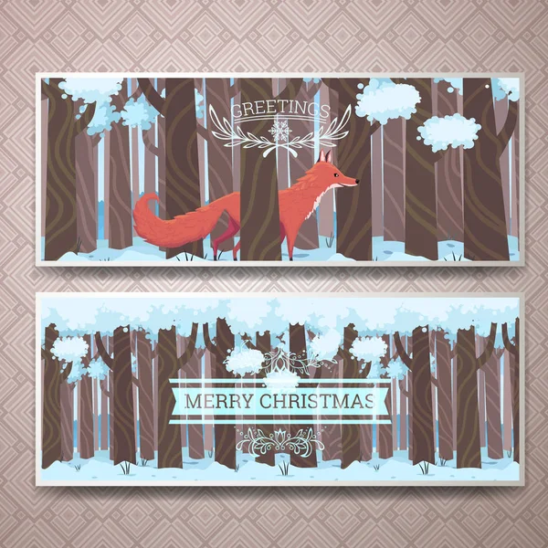 Jul vektor banners skog vektor scen med räv och hare — Stock vektor