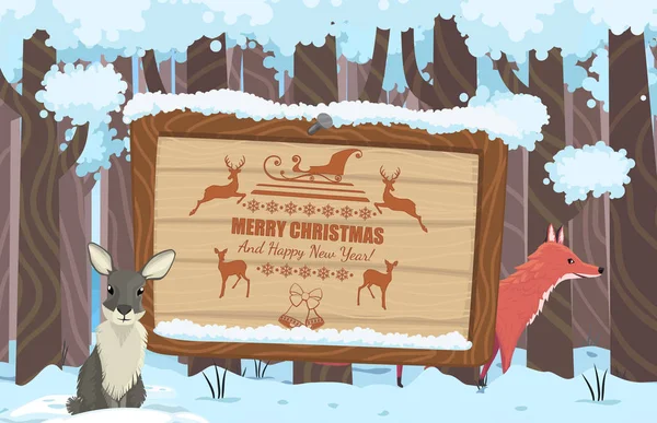 Navidad saludo bosque vector escena con zorro y liebre — Vector de stock