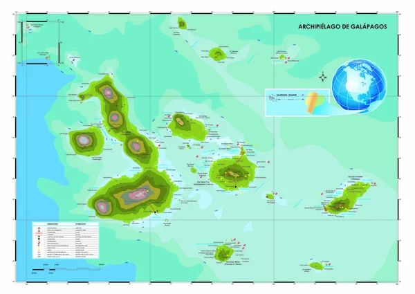 Mapa Vectorial Las Islas Galápagos Con Todos Los Sitios Buceo — Vector de stock