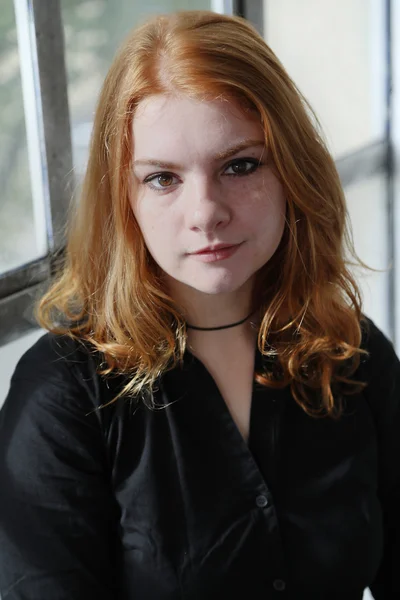 Red Haired Woman in Black Top — Stock Photo, Image