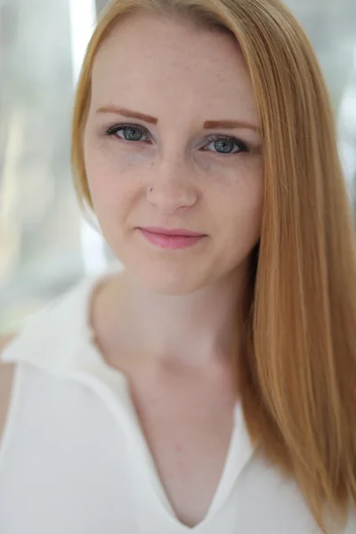 Head Shot of a Red Haired Woman in WhiteTop — Stock Photo, Image