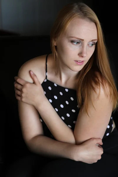 Red Haired Woman in Polka Dot Top — Stock Photo, Image