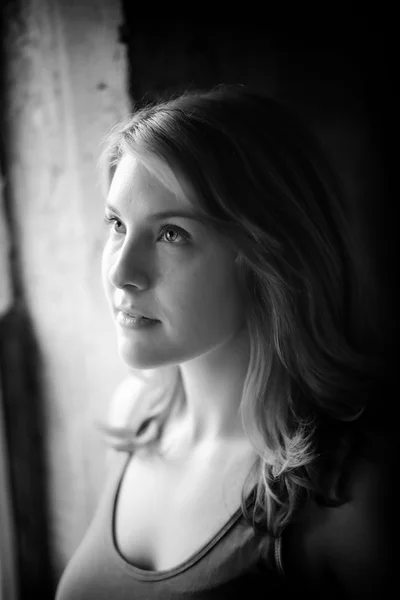 Beautiful Young Woman Shot in Black and White Window Light — Stock Photo, Image