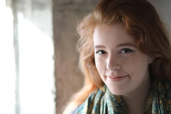 Red Haired Woman in Blue and Gold Scarf — Stock Photo, Image