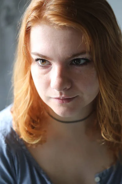 Red Haired Woman in Gray Button Down Top — Stock Photo, Image