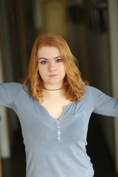 Red Haired Woman in Gray Button Down Top — Stock Photo, Image