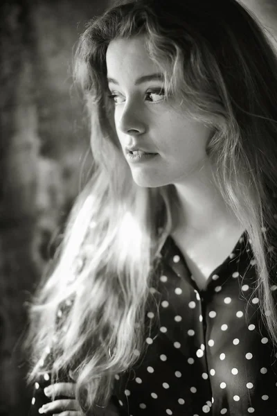 A Woman in Black Polka Dot Top — Stock Photo, Image