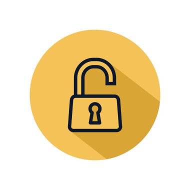 Asma kilit ikon vektörünü aç, sarı dairede izole edilmiş kilidi aç. Koruma, güvenlik, güvenlik, gizlilik işareti