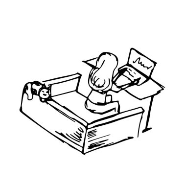 Dizüstü bilgisayarda oturan kız, kanepede yatan kedi..