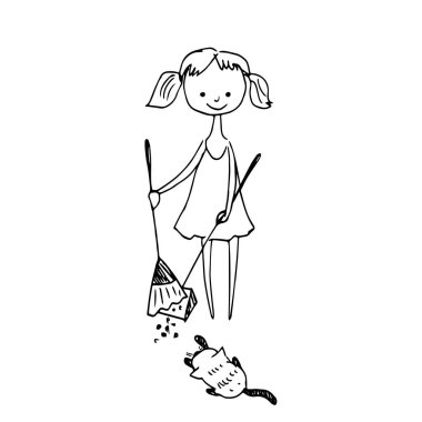 Süpürgeli kız temizlik odası, çöplerle oynayan kedi..