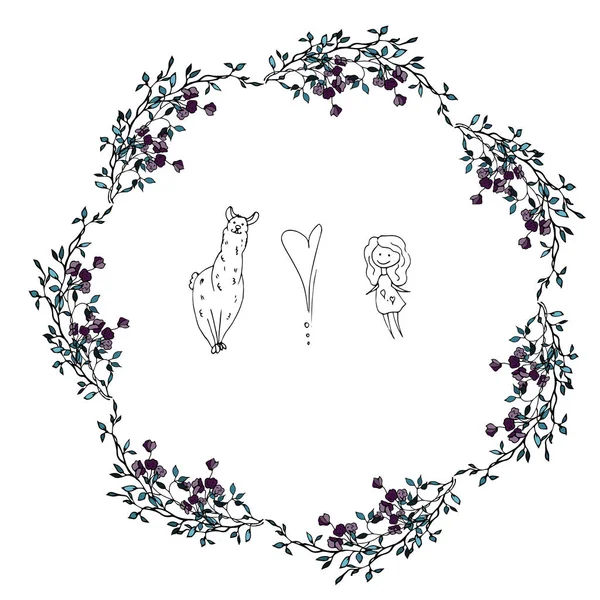 Outline girl with animal and heart in flowers frame