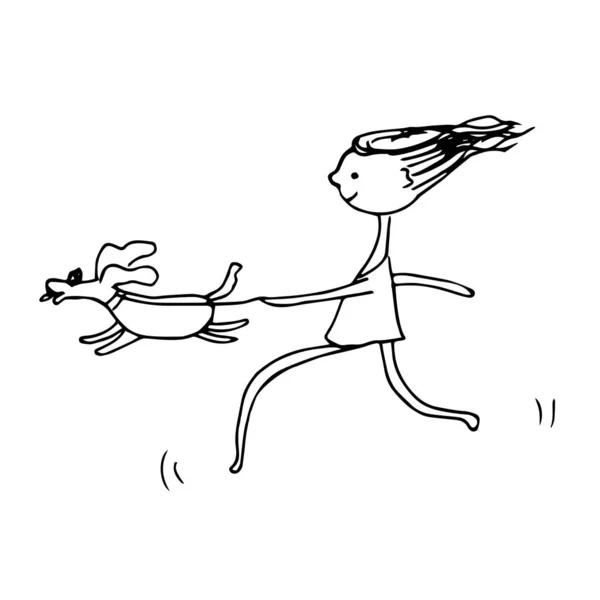 Περίγραμμα Σκίτσα Κορίτσι Τρέχει Σκυλί — Διανυσματικό Αρχείο