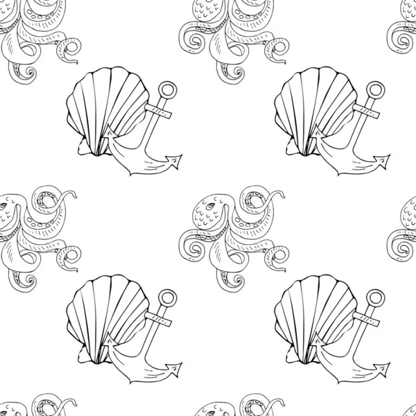Pattern Octopuses Seashells Anchors — 图库矢量图片