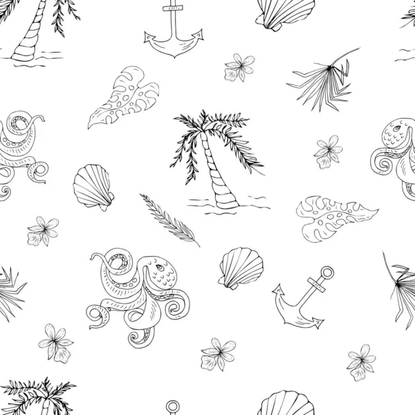 Seamless Pattern Palms Leaves Octopuses Seashells Anchors — 图库矢量图片