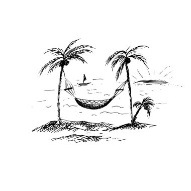 Yaz mevsiminde plaj hamağı. Beyaz arka planda palmiyeler var.