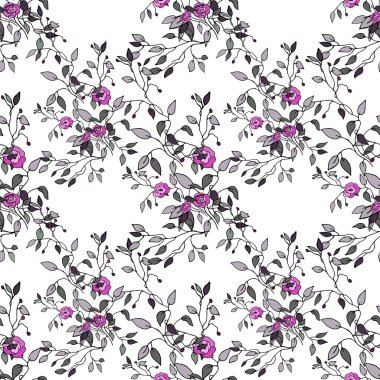 Beyaz arkaplanda gri yapraklı pembe çizgili güller.