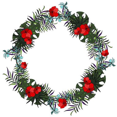 yuvarlak illüstrasyon kırmızı çiçekler ve beyaz arkaplanda yeşil yapraklar