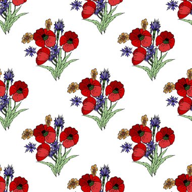 Beyaz arka planda yaban çiçeklerinin ve kırmızı gelinciklerin kusursuz çizimi