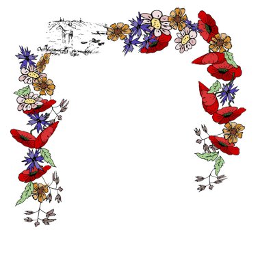 Beyaz arka planda yaban çiçeklerinin kusursuz çerçeve çizimi ve köy resimlerinin ana hatları