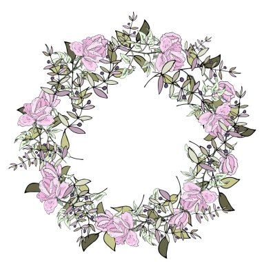 Beyaz arka planda yeşil yapraklı, yuvarlak pembe güller.