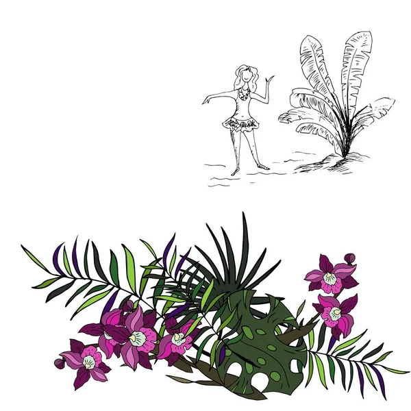 Outline Doodle Dancing Woman Exotic Hawaiian Flowers White Background — 스톡 벡터