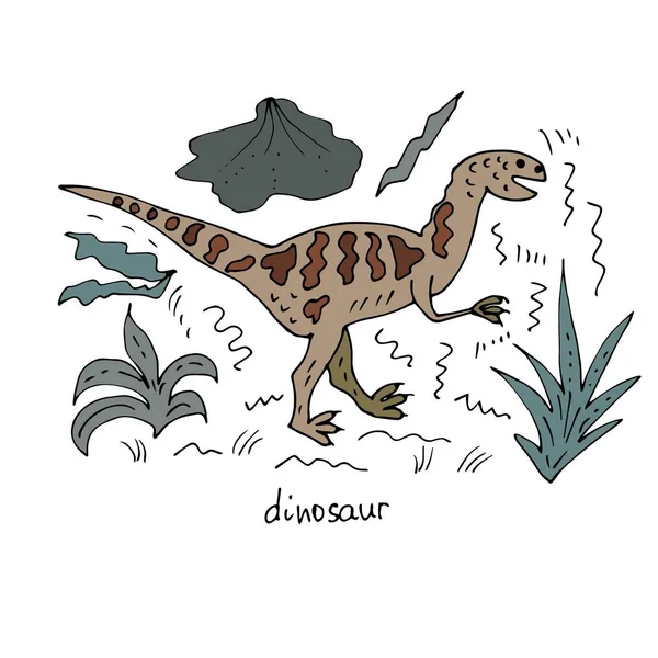 Dinosaurio Caminando Través Las Hojas — Vector de stock