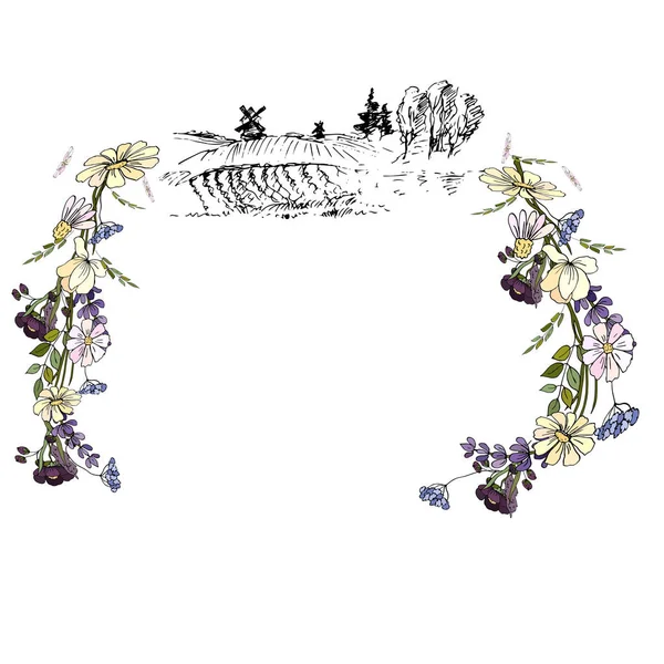 seamless illustration of wildflowers and outline village illustration on white background