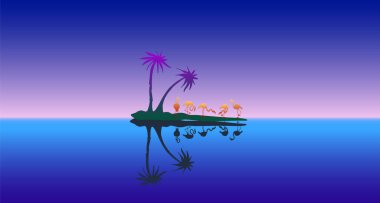 Renkli arka planda palmiyeler ve flamingolar