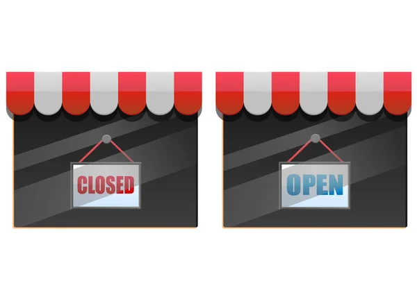 Armazene janelas com sinais abertos e fechados — Vetor de Stock