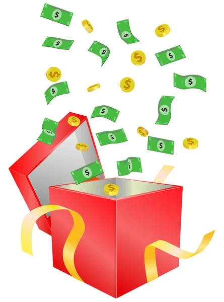 El dinero que sale de rojo icono de la caja de regalo vector — Vector de stock