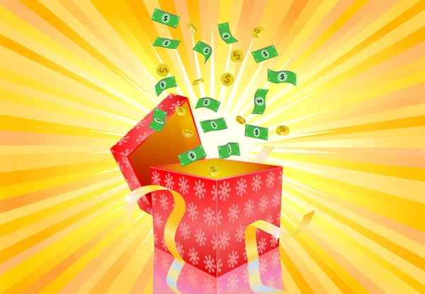 Peníze přichází ouf červené vánoční dárkové krabice — Stockový vektor