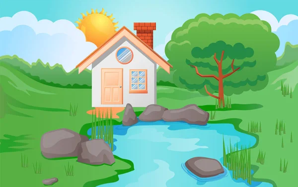 Casa Con Chimenea Lado Estanque Lago — Vector de stock