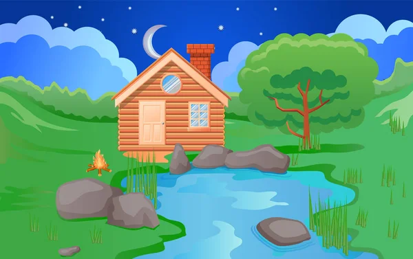 夜间病媒的小木屋 — 图库矢量图片