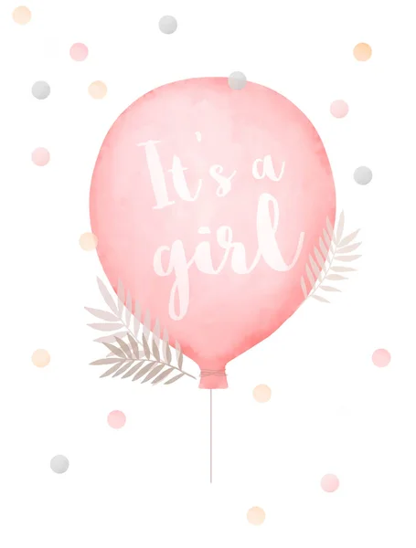 Cute Baby Shower Illustration. Pink Flying Balloon Isolated on a White Background. Pink, Gray and Gold Confetti Rain. It\'s a Girl.Lovely Nursery Art. Baby Girl Welcome Party. Watercolor Style Art.