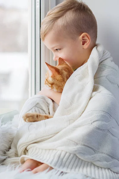 Pequeño niño con lindo gato en casa — Foto de Stock