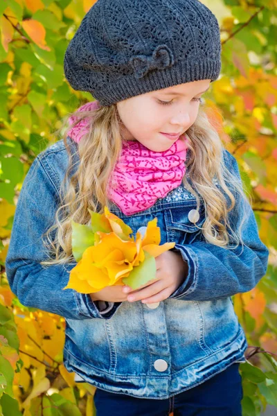 Sevimli küçük kız parkta sonbahar yaprakları ile — Stok fotoğraf